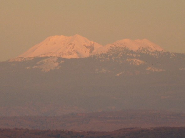 Mount Lassen and Brokeoff from I-5 at sunset, December 10, 2012