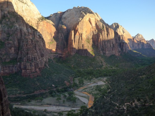 Zion Canyon and the Virgin River at evening.